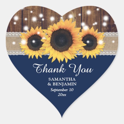 Navy Blue Rustic Country Sunflower Wedding Favor Heart Sticker