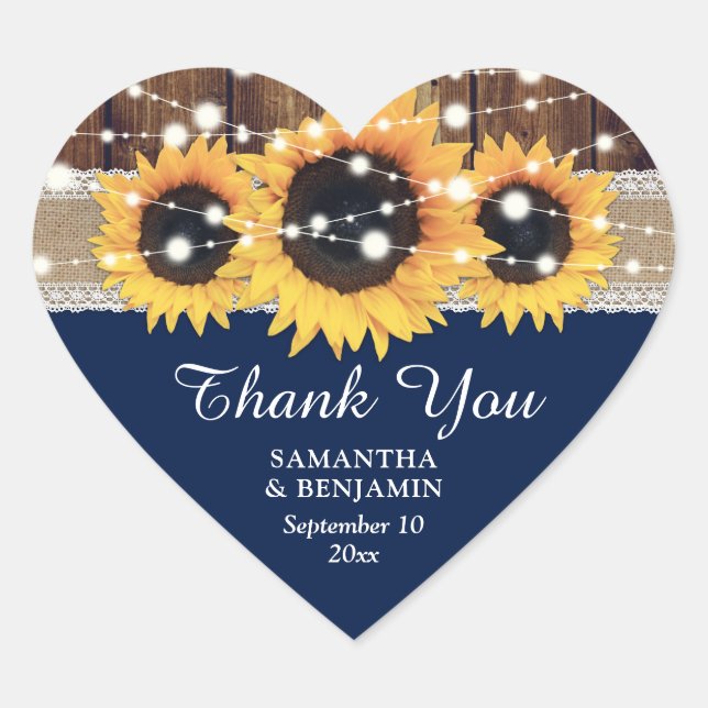 Navy Blue Rustic Country Sunflower Wedding Favor Heart Sticker (Front)