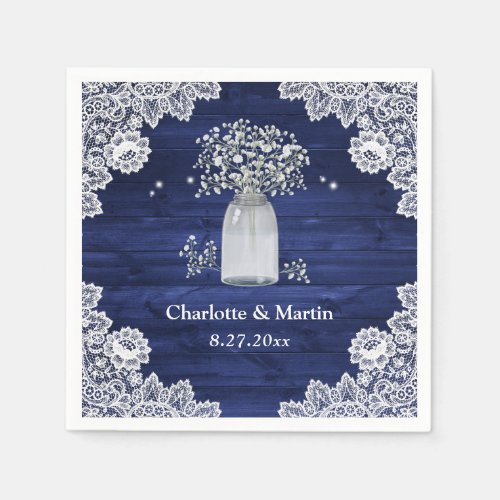Navy Blue Rustic Country Wood Lace Wedding Napkins