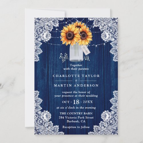 Navy Blue Rustic Country Wood Sunflower Wedding Invitation