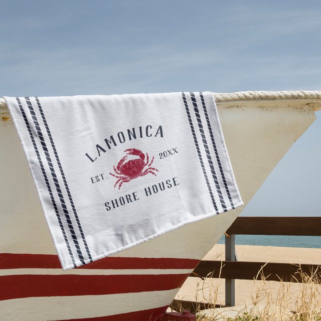 Navy Blue Rustic Crab Personalized Shore House Beach Towel (Creator Uploaded)