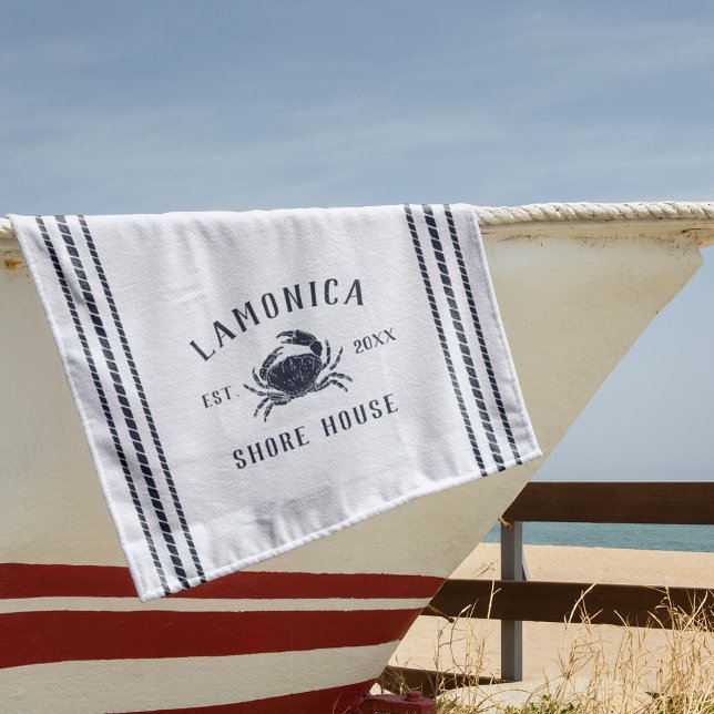 Navy Blue Rustic Crab Personalized Shore House Beach Towel (Creator Uploaded)