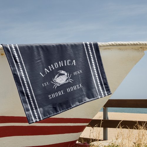 Navy Blue Rustic Crab Personalized Shore House Beach Towel