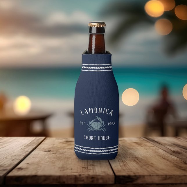 Navy Blue Rustic Crab Personalized Shore House Bottle Cooler (Creator Uploaded)