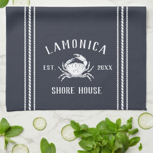 Navy Blue Rustic Crab Personalized Shore House Kitchen Towel