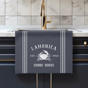 Navy Blue Rustic Crab Personalized Shore House Kitchen Towel