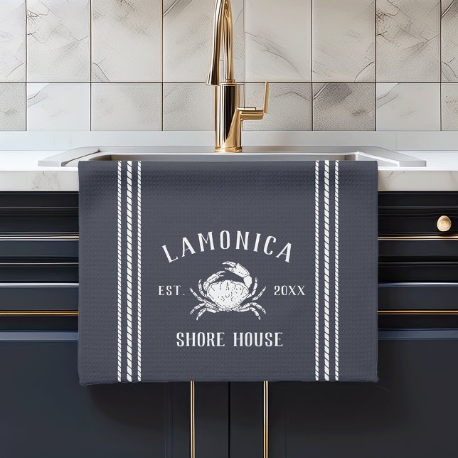 Navy Blue Rustic Crab Personalized Shore House Kitchen Towel (Creator Uploaded)