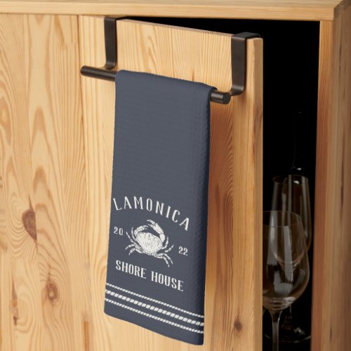 Navy Blue Rustic Crab Personalized Shore House Kitchen Towel