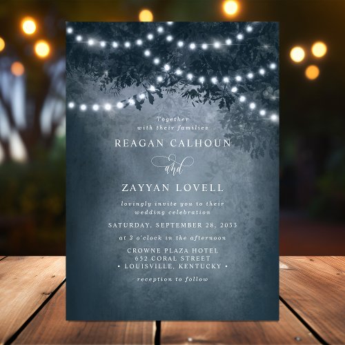 Navy Blue Rustic Dreamy Tree String Lights Invitation