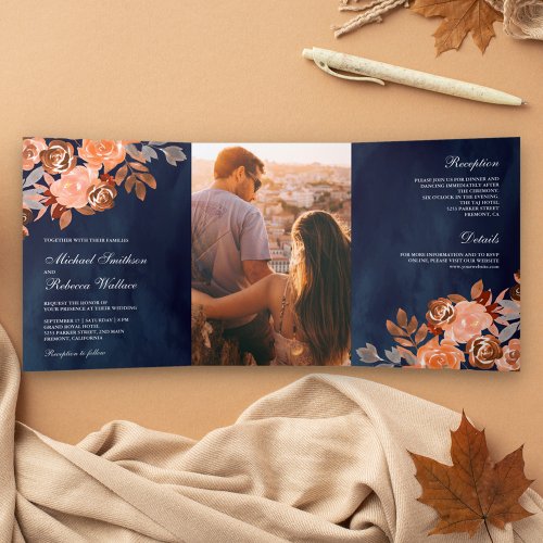 Navy Blue Rustic Earthy Terracotta Floral Wedding Tri_Fold Invitation