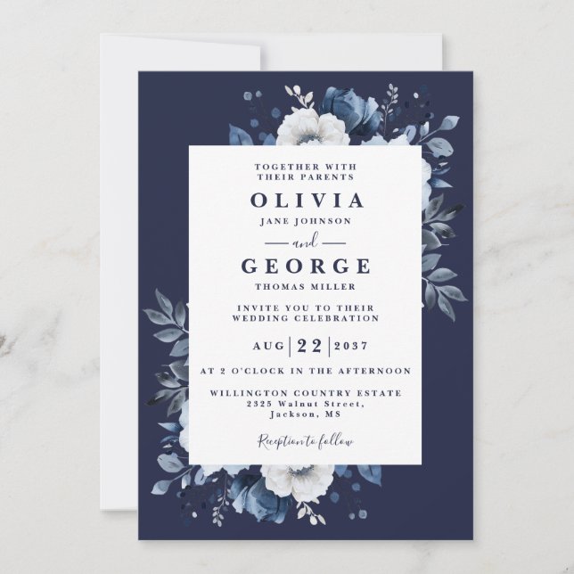 Navy Blue Rustic Elegant Floral QR Code Wedding Invitation (Front)