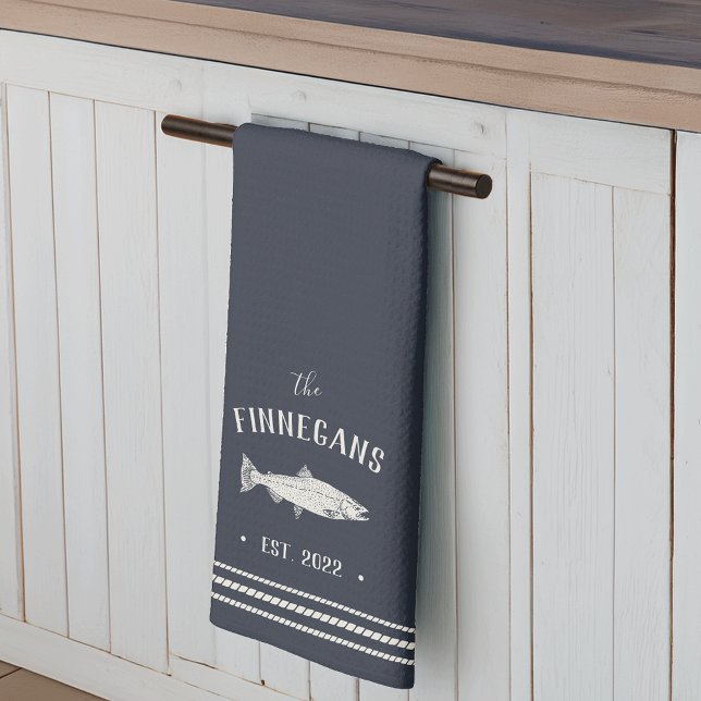 Navy Blue Rustic Fish Personalized Kitchen Towel (Creator Uploaded)