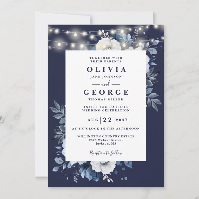 Navy Blue Rustic Floral All In One Wedding Invitation (Front)