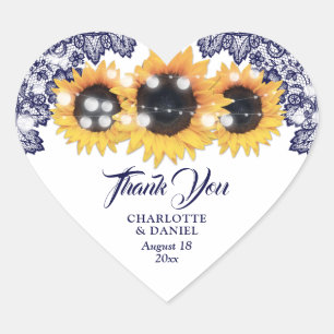 Navy Blue Rustic Floral Lace Sunflower Wedding Heart Sticker