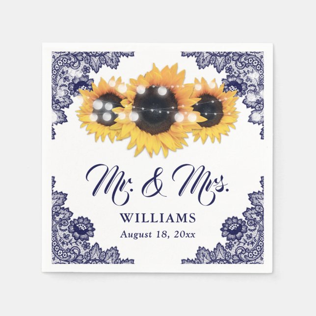Navy Blue Rustic Floral Lace Sunflower Wedding Napkins (Front)