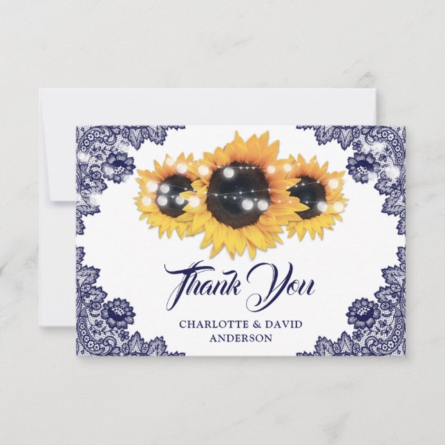 Navy Blue Rustic Floral Lace Sunflower Wedding Thank You Card (Front)