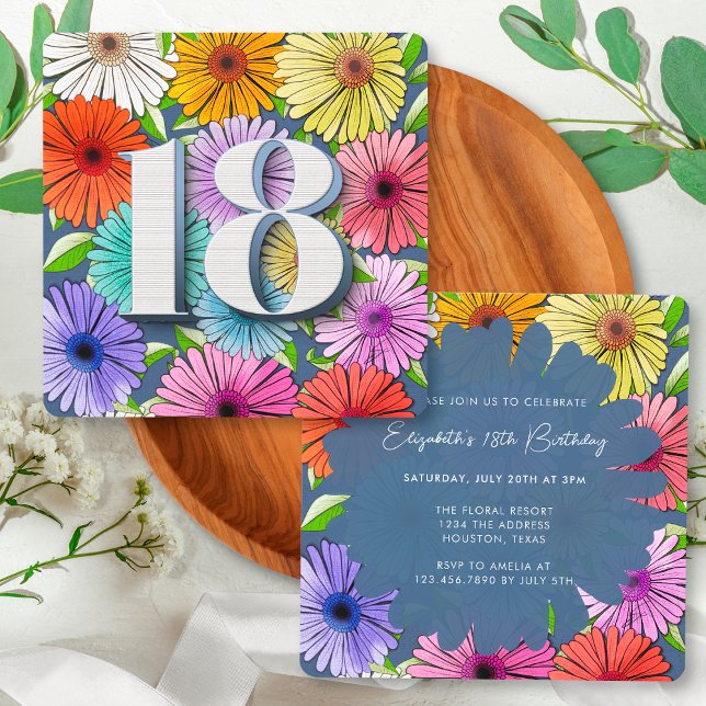 Navy Blue Rustic Floral Spring 18th Birthday Party Invitation (Creator Uploaded)