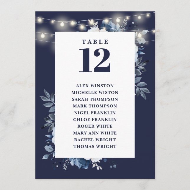 Navy Blue Rustic Floral Table Number Seating Chart (Front)