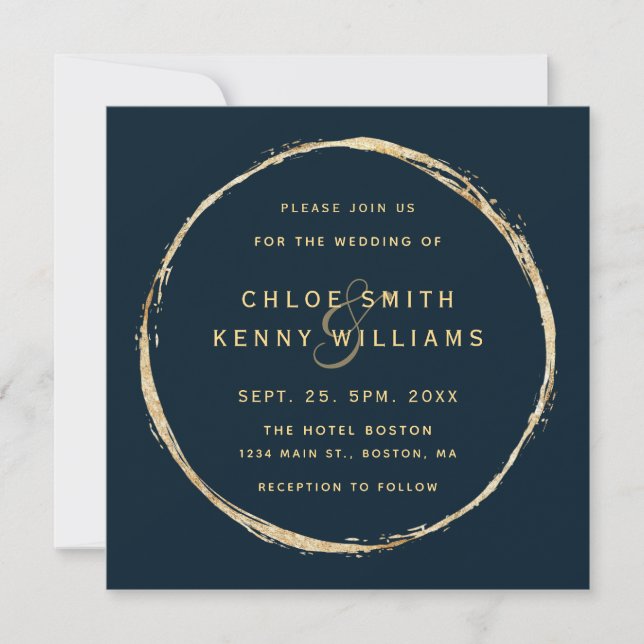 Navy Blue Rustic Gold Circle Wedding Square Invitation (Front)