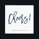 Navy Blue Rustic Hand Lettering Cheers Wedding Napkins<br><div class="desc">Customizable paper napkin featuring navy blue brush typography with white background. This napkin will be perfect for weddings,  bridal showers,  baby showers,  and other events. Other colors are available.</div>