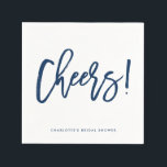 Navy Blue Rustic Hand Lettering Cheers Wedding Napkins<br><div class="desc">Customizable paper napkin featuring navy blue brush typography with white background. This napkin will be perfect for weddings,  bridal showers,  baby showers,  and other events. Other colors are available.</div>