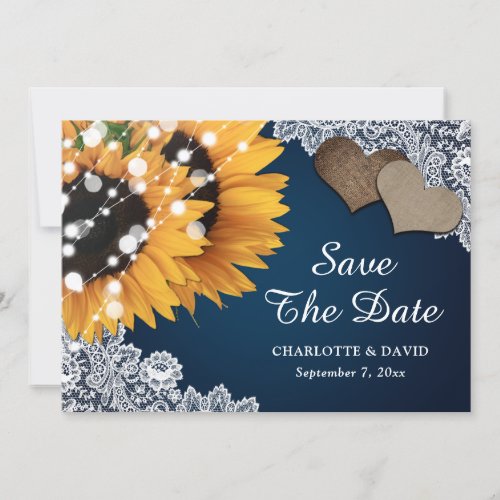 Navy Blue Rustic Lace Hearts Sunflower Wedding Save The Date