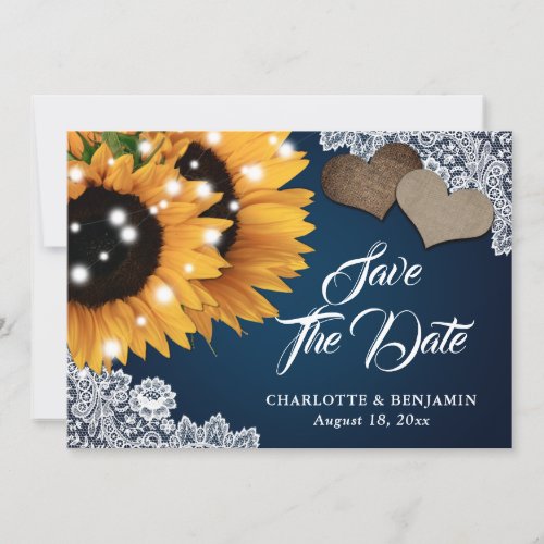 Navy Blue Rustic Lace Hearts Sunflower Wedding Save The Date