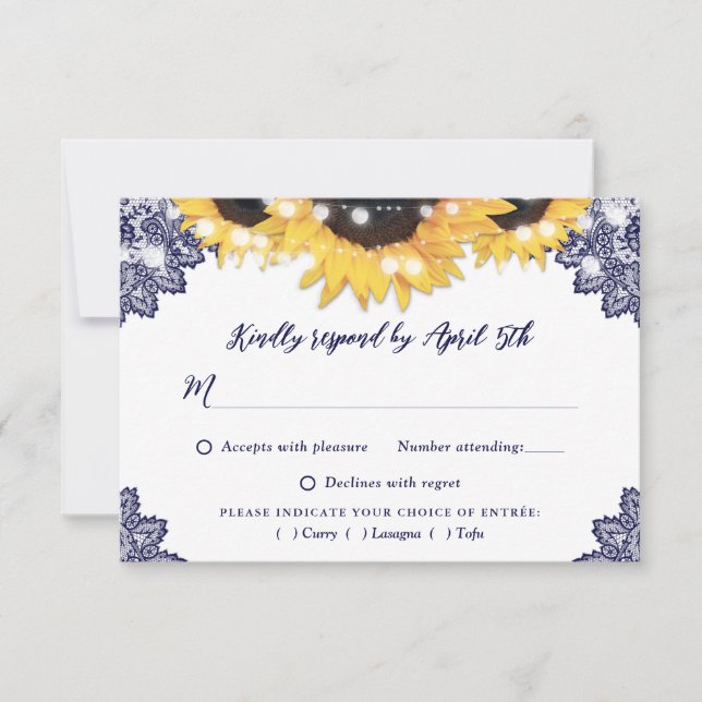 Navy Blue Rustic Lace Sunflower Wedding RSVP Card (Front)