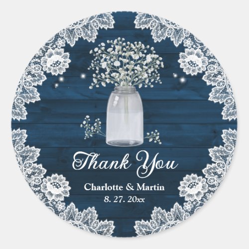 Navy Blue Rustic Mason Jar Babys Breath Thank You Classic Round Sticker