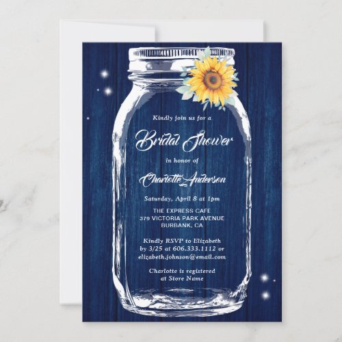 Navy Blue Rustic Mason Jar Sunflower Bridal Shower Invitation