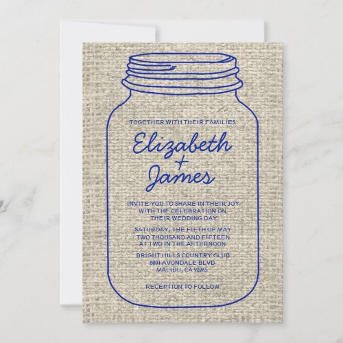 Navy Blue Rustic Mason Jar Wedding Invitations