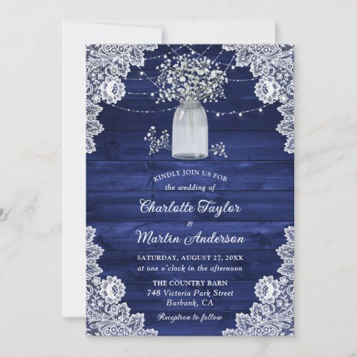 Navy Blue Rustic Mason Jar Wood Lace Wedding Invitation