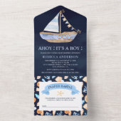 Navy Blue Rustic Nautical Sailboat Baby Shower All In One Invitation (Inside)