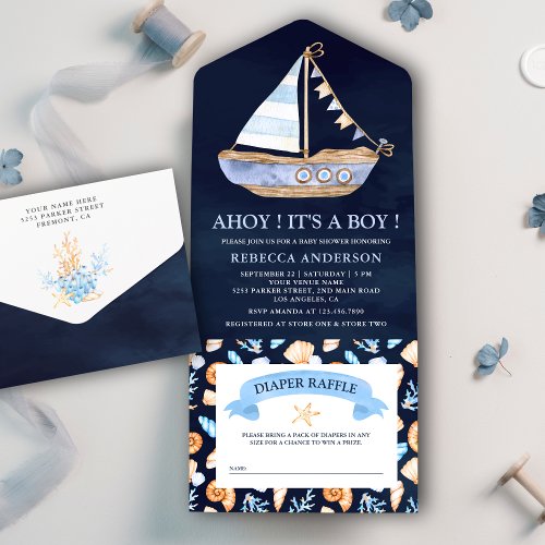 Navy Blue Rustic Nautical Sailboat Baby Shower All In One Invitation