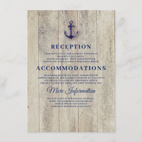 Navy Blue Rustic Nautical Wedding Details Enclosure Card - Navy blue anchor wedding information card