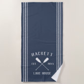 Navy Blue Rustic Oars Personalized Lake House Beach Towel (Front)
