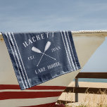 Navy Blue Rustic Oars Personalized Lake House Beach Towel<br><div class="desc">Customize your lake house with this cute personalized beach towel featuring your family name or house name and year established in white lettering accented with a pair of oars or canoe paddles on a navy blue background.</div>