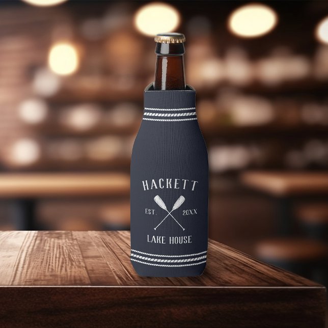 Navy Blue Rustic Oars Personalized Lake House Bottle Cooler (Creator Uploaded)