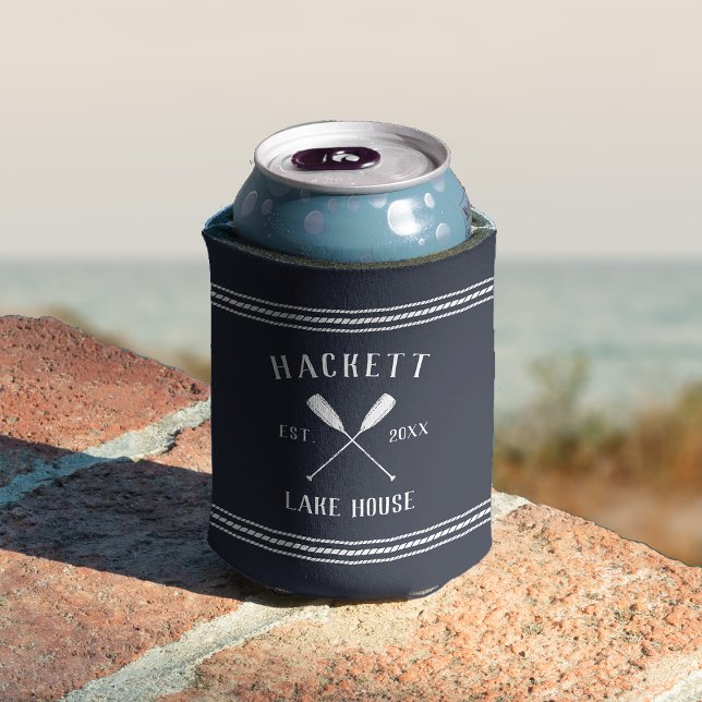 Navy Blue Rustic Oars Personalized Lake House Can Cooler (Creator Uploaded)