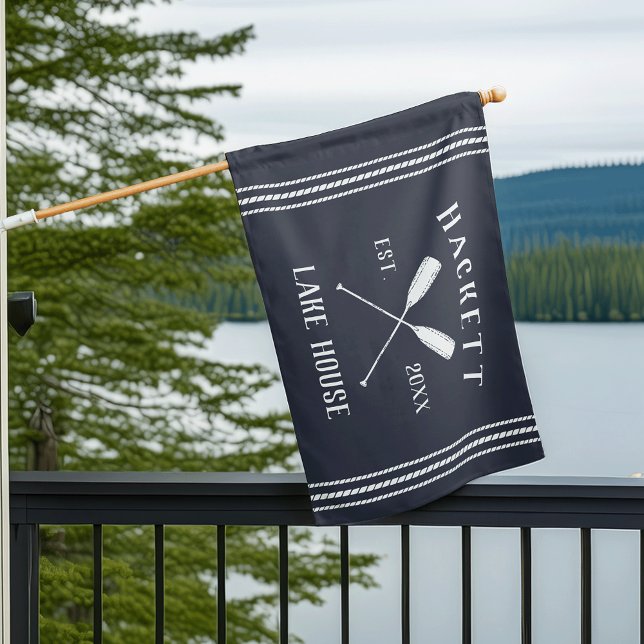 Navy Blue Rustic Oars Personalized Lake House House Flag (Creator Uploaded)