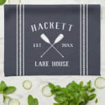 Navy Blue Rustic Oars Personalized Lake House Kitchen Towel<br><div class="desc">Customize your lake house kitchen with this cute personalized towel featuring your family name or house name and year established in white lettering accented with a pair of oars on a rich navy blue background.</div>