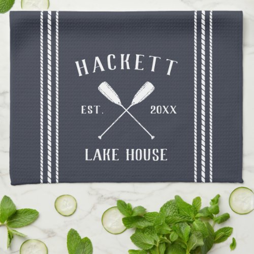 Navy Blue Rustic Oars Personalized Lake House Kitchen Towel