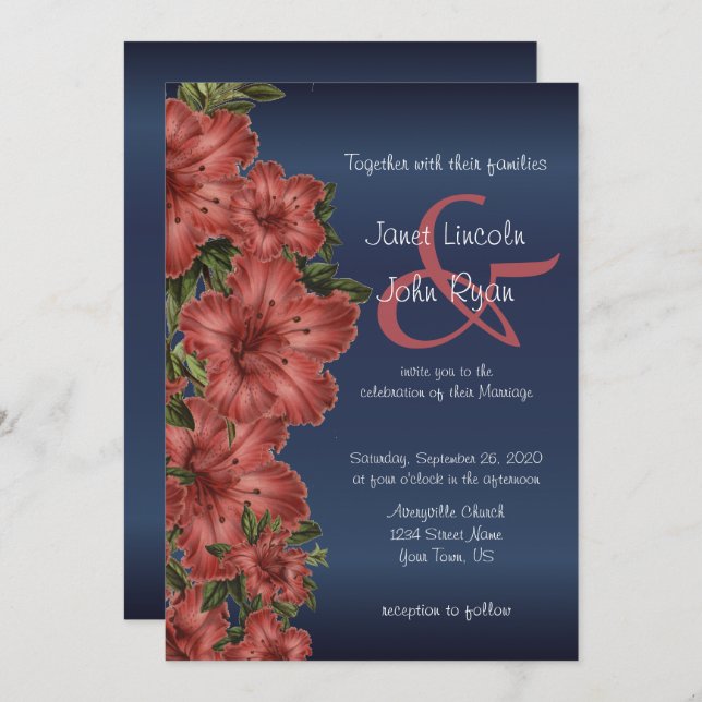Navy Blue & Rustic Red Floral Wedding Invitations (Front/Back)