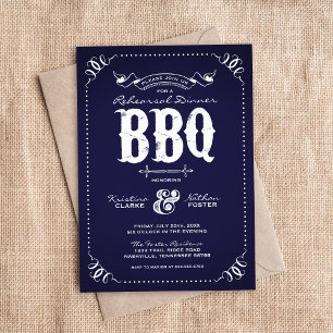 Navy Blue Rustic Rehearsal Dinner BBQ Invitation