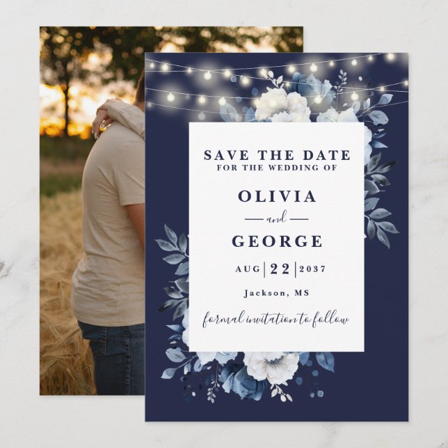 Navy Blue Rustic String Lights Floral Photo Save The Date (Front/Back)