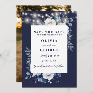 Navy Blue Rustic String Lights Floral Photo Save The Date