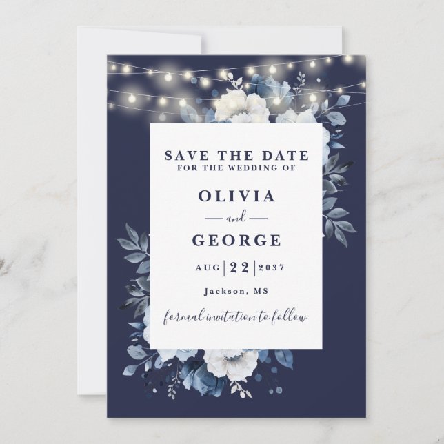 Navy Blue Rustic String Lights Floral Wedding Save The Date (Front)