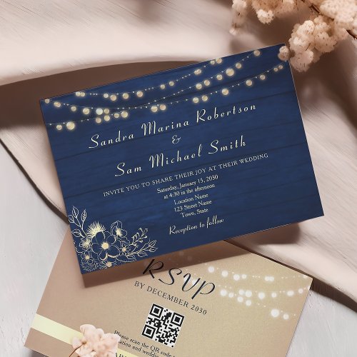 Navy Blue Rustic String Lights Wedding All in One Invitation