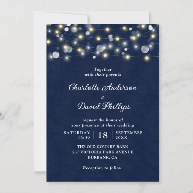 Navy Blue Rustic String Lights Wedding Invitation (Front)