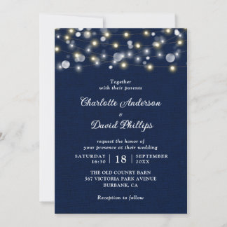 Navy Blue Rustic String Lights Wedding Invitation